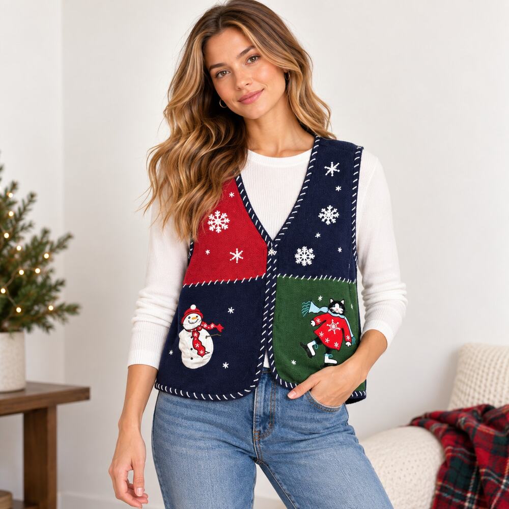 Blair Sweater Vest Women's Sz XL Zip Embroidered Beaded Cat Snowman Christmas